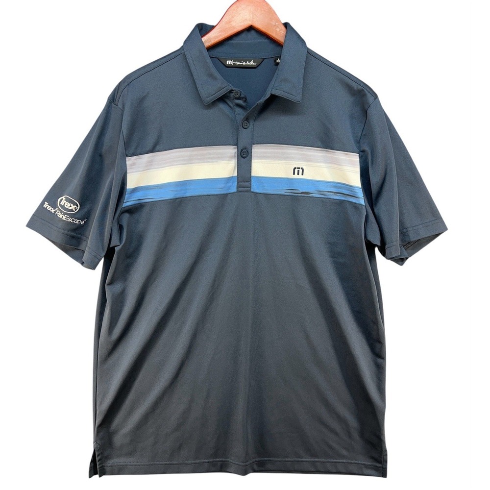 Travis Mathew Polo Shirt Men Large Short Sleeve Navy Blue Striped